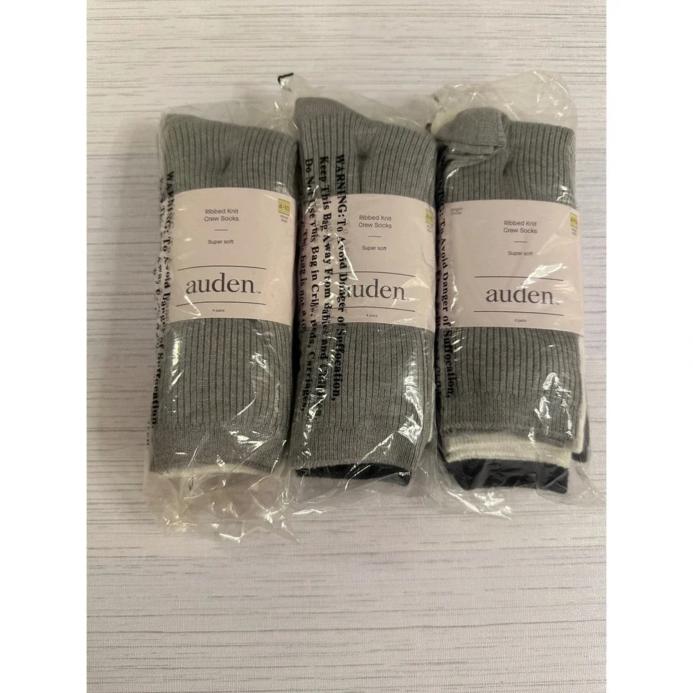 Auden Womens Ribbed Knit Crew Socks 12 Pairs Grey White Black Shoe Size 4-10 NEW